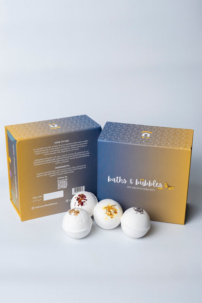 White Round with Flower Petals & Buds Topping Bath Bombs (Set of 4)
