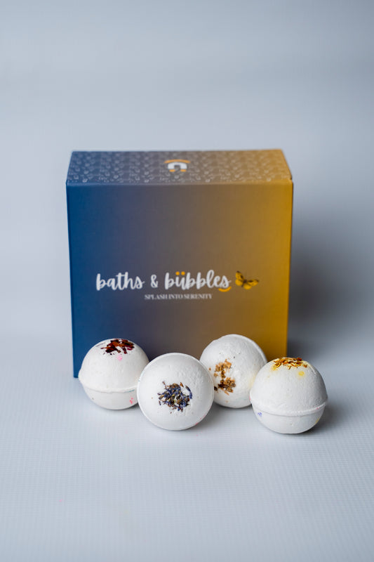 White Round with Flower Petals & Buds Topping Bath Bombs (Set of 4)
