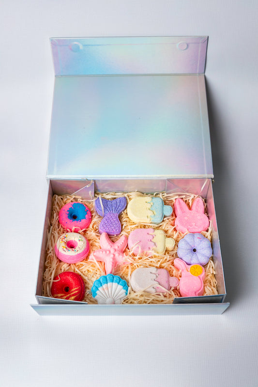 Sweet Escape Bath Bomb Gift Set: Donut, Melted Candy, Juice Glass & Beach Theme (Pack of 12)