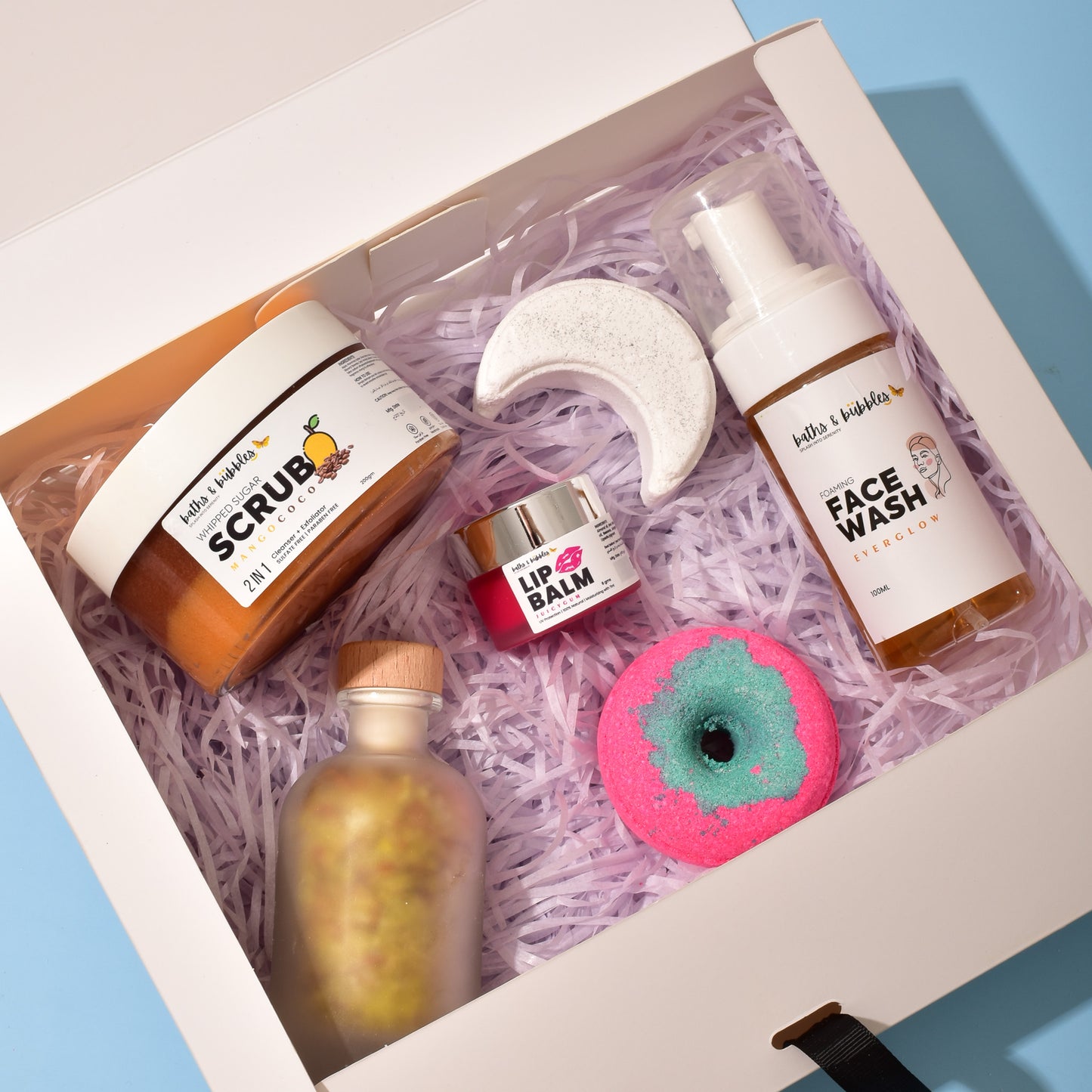 Radiant Glow Skincare Hamper: Scrub, Facewash, Bath Salt, Bath Bombs (2x), Lip Balm