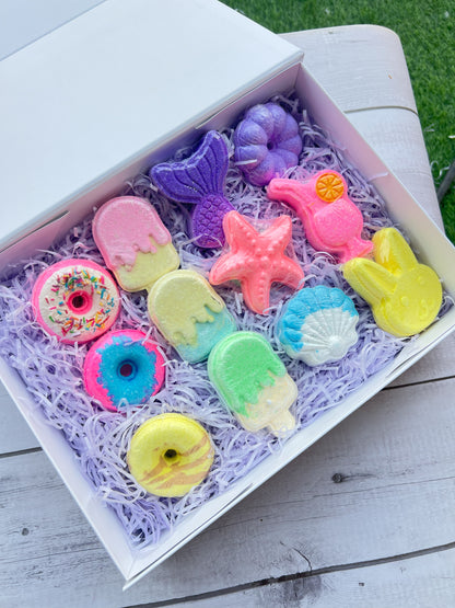 Sweet Escape Bath Bomb Gift Set: Donut, Melted Candy, Juice Glass & Beach Theme (Pack of 12)